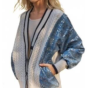 NEW MELLO mixed media happy face cardigan in off white-denim